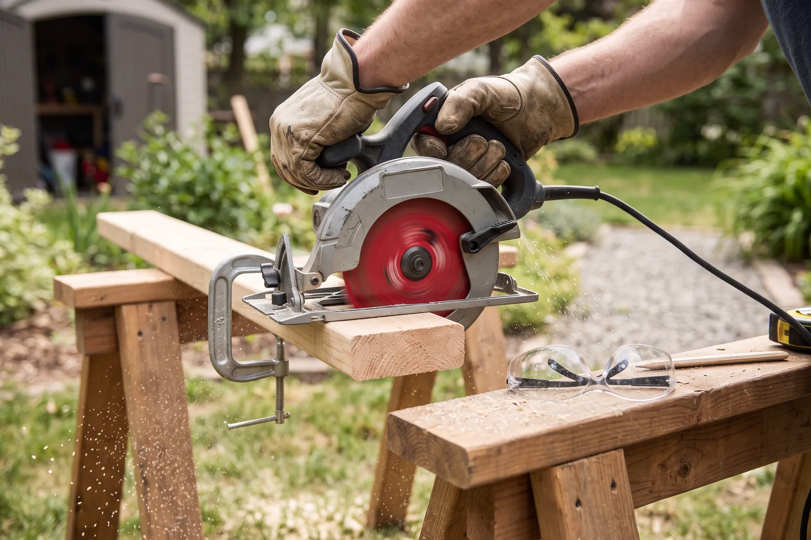 Gloved hands guiding a circular saw through a two-by-four clamped on sawhorses