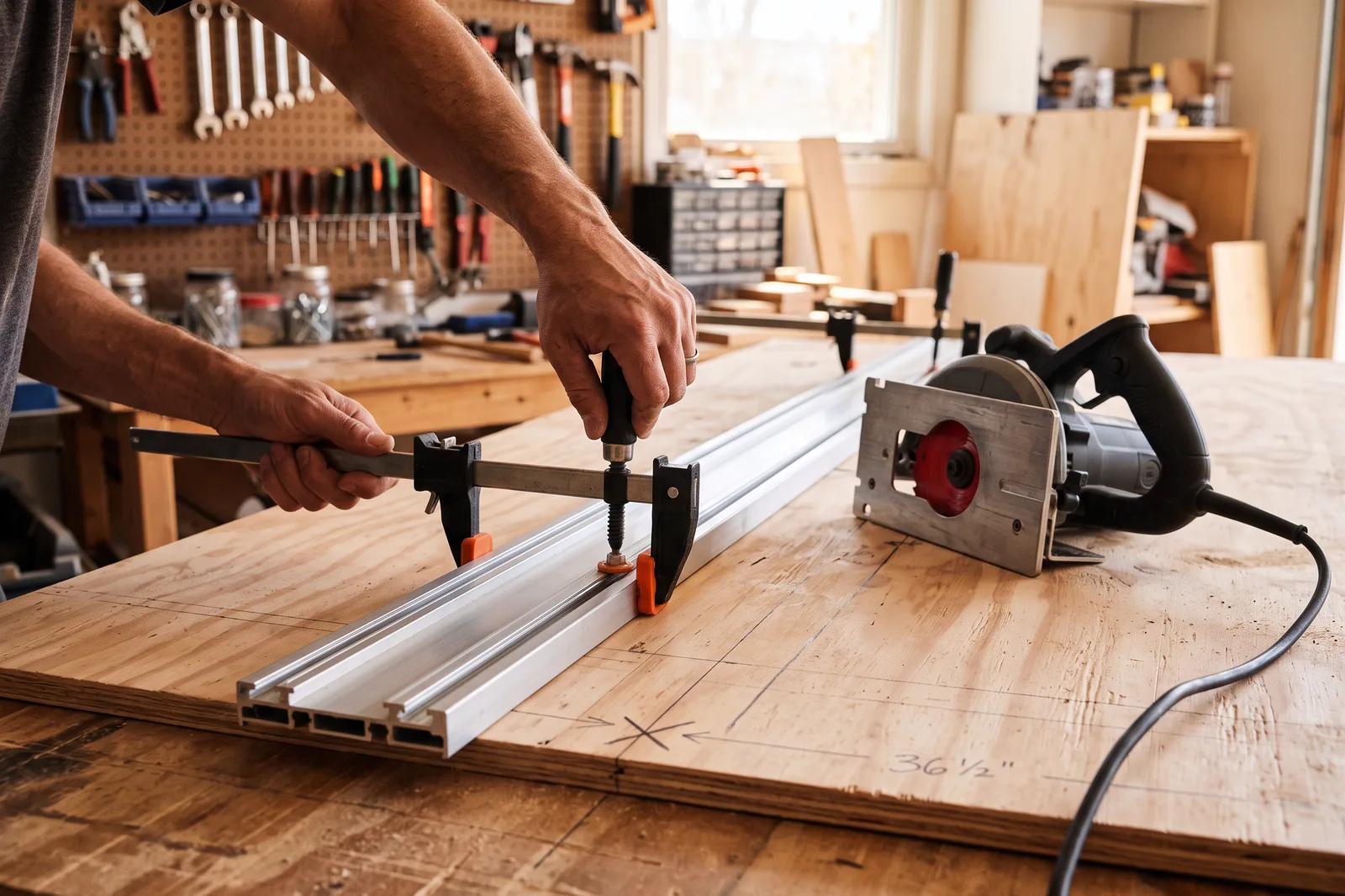 Hands clamping a straight guide rail to plywood before a circular saw cut