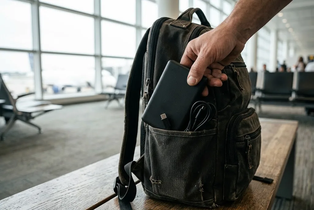 Hand taking a slim battery pack with a USB-C cable out of a backpack pocket at an airport gate