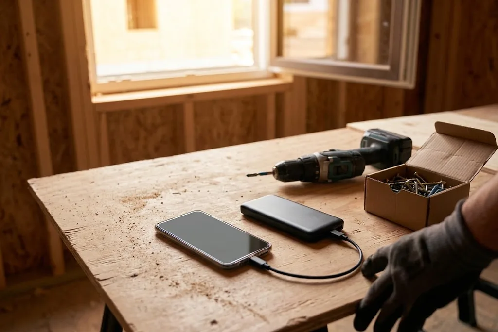 Phone charging from a battery pack on a plywood sheet beside a cordless drill on a construction site