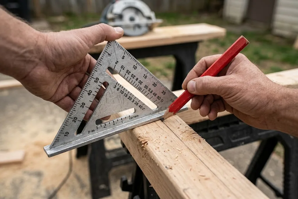 Hands holding a speed square against a two-by-four and marking a square cut line