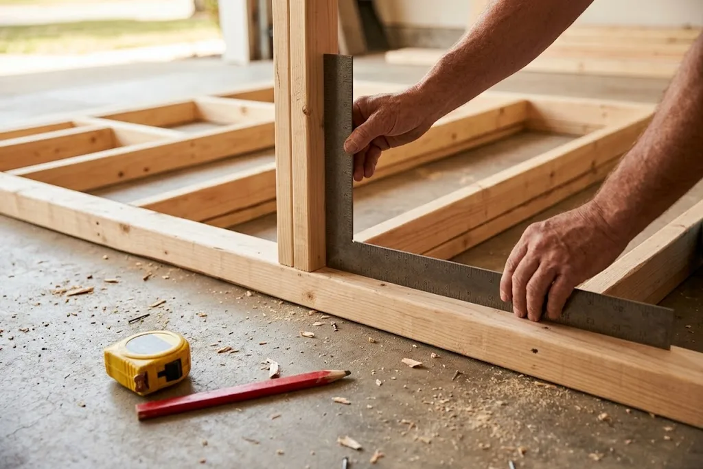 Hands checking the corner of a wood wall frame with a steel framing square